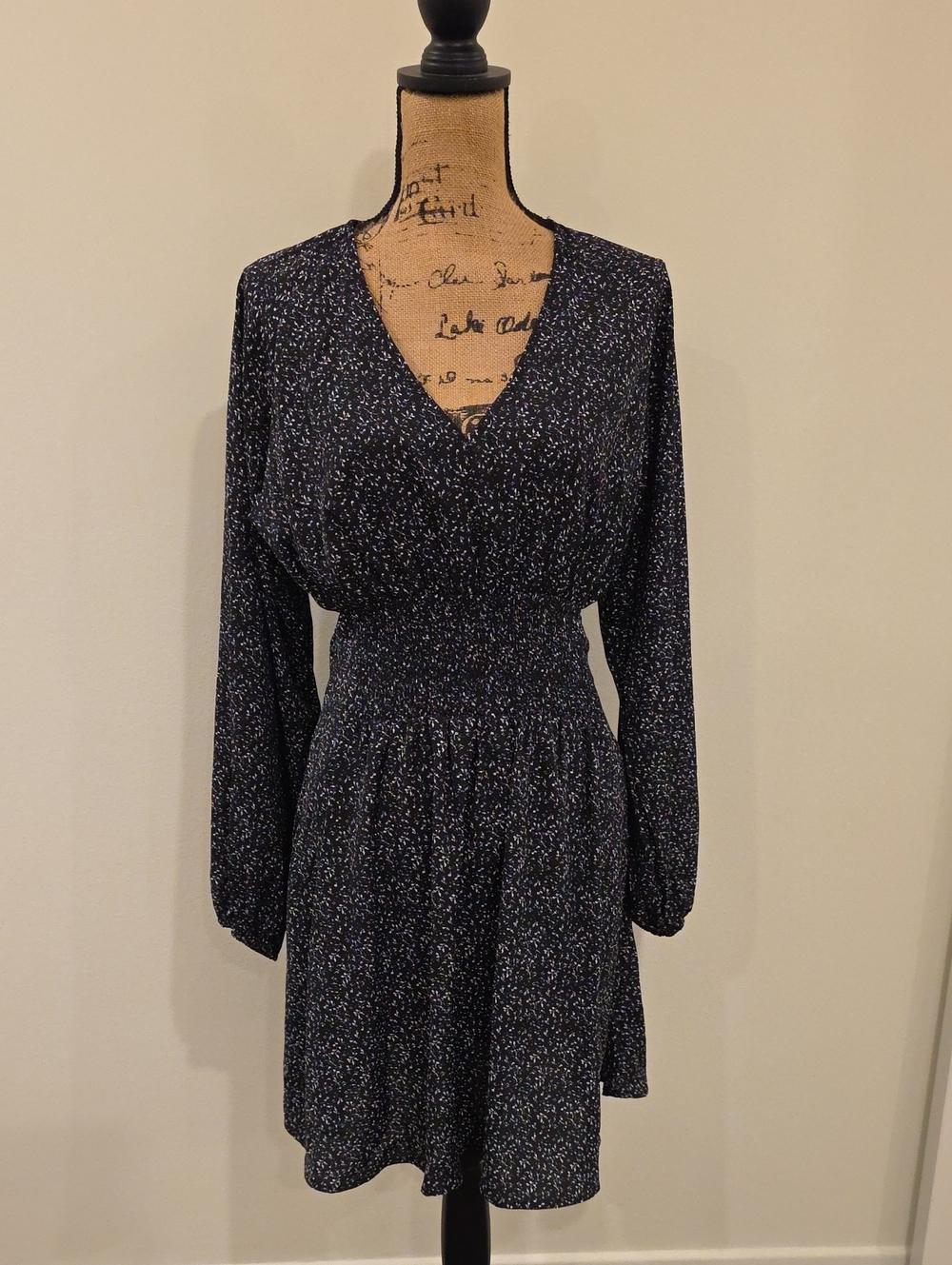 Navy Speckled V-Neck Long Sleeve Dress